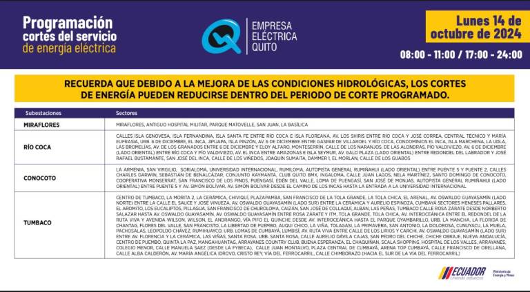 $!Horarios de cortes de luz en Quito este 14 de octubre: hay sectores que enfrentarán apagones de 14h00 a 24h00