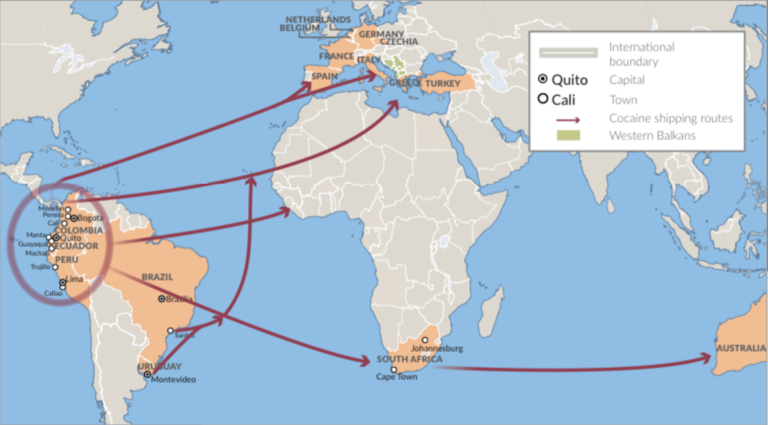 $!Principales rutas usadas por carteles de albaneses para traficar cocaína desde Latinoamérica a Europa, África y Australia. Gráfico tomado del informe Tentáculos Transnacionales, de la organización Global Initiative Against Organized Crime