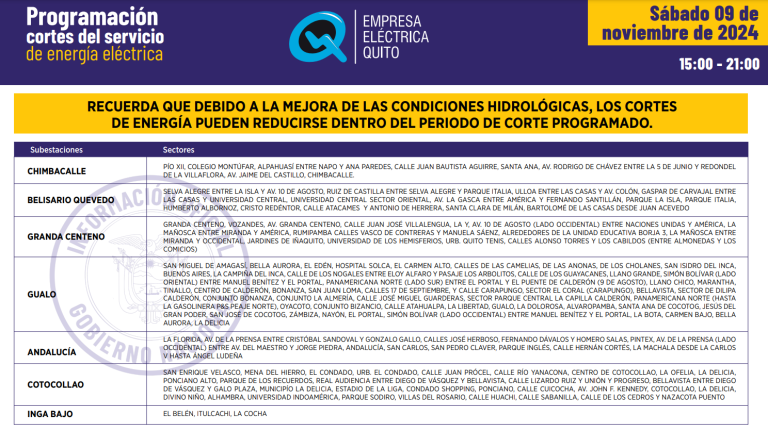 $!Nuevos horarios de cortes de luz en Quito, este sábado 9 de noviembre: apagones de hasta 12 horas