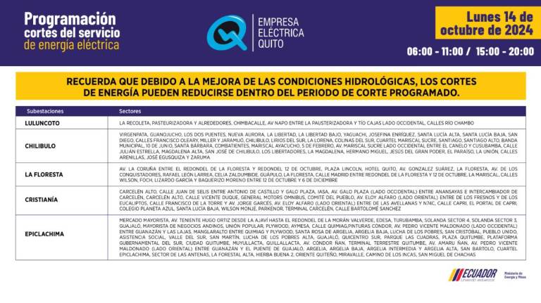 $!Horarios de cortes de luz en Quito este 14 de octubre: hay sectores que enfrentarán apagones de 14h00 a 24h00