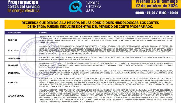 $!Publican nuevos horarios de cortes de luz en Quito para este viernes 25 de octubre: ¡hasta 14 horas de apagón continuo!