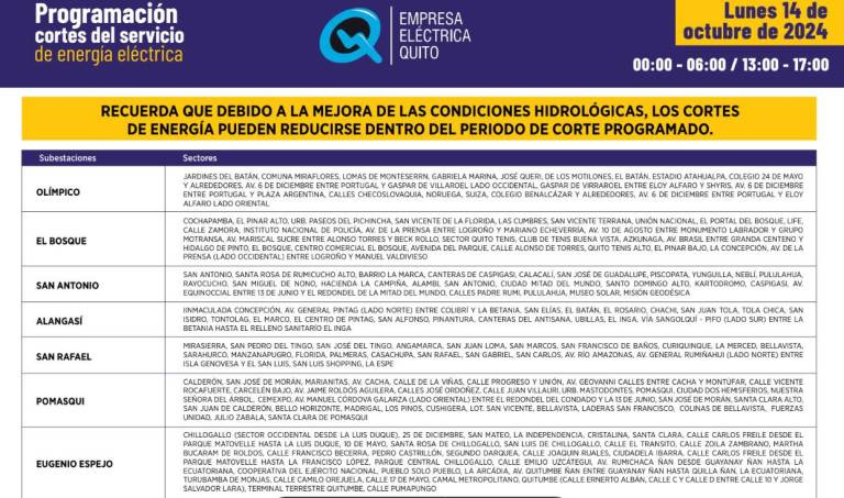 $!Horarios de cortes de luz en Quito este 14 de octubre: hay sectores que enfrentarán apagones de 14h00 a 24h00