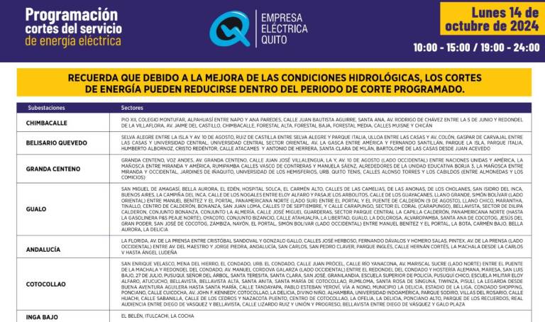 $!Horarios de cortes de luz en Quito este 14 de octubre: hay sectores que enfrentarán apagones de 14h00 a 24h00