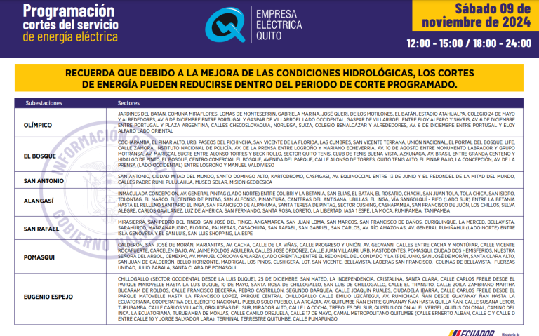 $!Nuevos horarios de cortes de luz en Quito, este sábado 9 de noviembre: apagones de hasta 12 horas