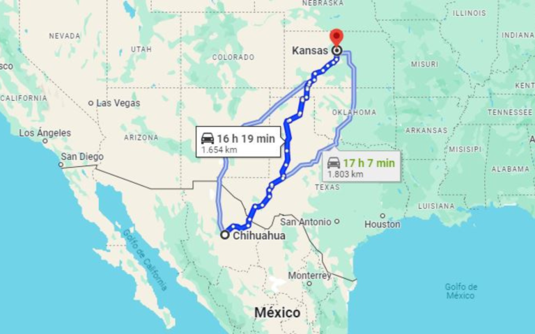 $!Distancia entre Chihuahua y el corazón del estado de Kansas, Estados Unidos.