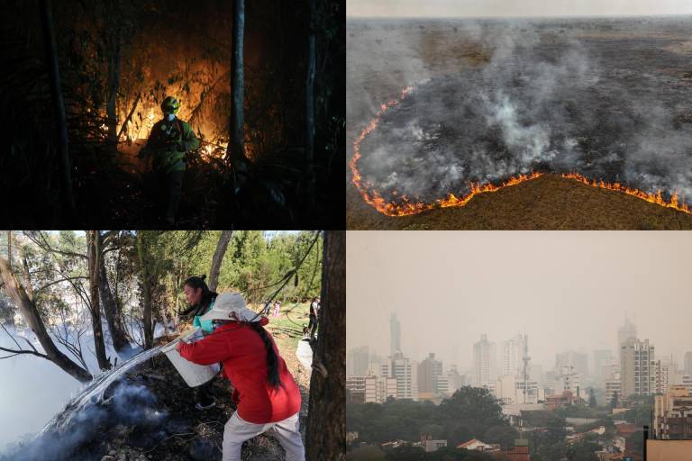 $!Combo de fotografías de archivo que muestra un bombero trabajando en apagar un incendio en Bolivia, un dron en una zona de la Amazonía, Brasil (arriba-d), residentes ayudan a mitigar el fuego en Quito, Ecuador (i-abajo.),