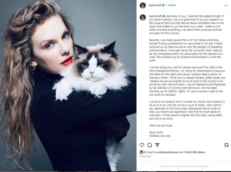 $!Taylor Swift posó junto a su gato Benjamin en el post de apoyo a Kamala Harris, una referencia al compañero de fórmula de Trump.