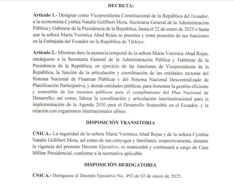 $!Extracto del decreto en el que el presidente Daniel Noboa designa a Sariha Moya como vicepresidenta encargada.