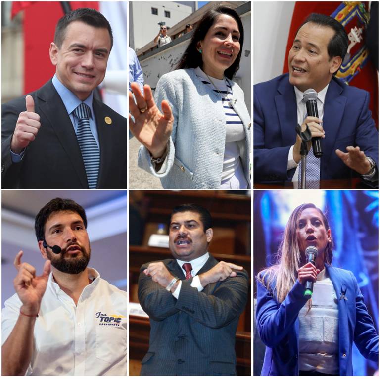 $!Combo de fotografías de algunos candidatos, desde la izquierda arriba, del presidente, Daniel Noboa, Luisa González, Henry Cucalón, Jan Topic, Jorge Escala, y Andrea González.