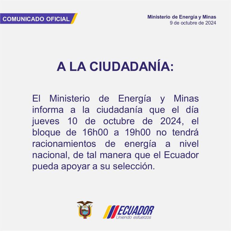 $!Por partido de la 'Tri', Gobierno suspende cortes de energía de 16h00 a 19h00 este jueves 10 de octubre