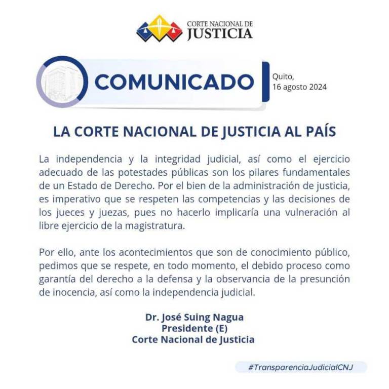 $!El presidente de la Corte Nacional de Justicia, José Suing Nagua, pidió que se respete el debido proceso en el Caso Confortable, en el que la Fiscalía acusa a dos juezas por supuestamente favorecer a Wilman Terán.