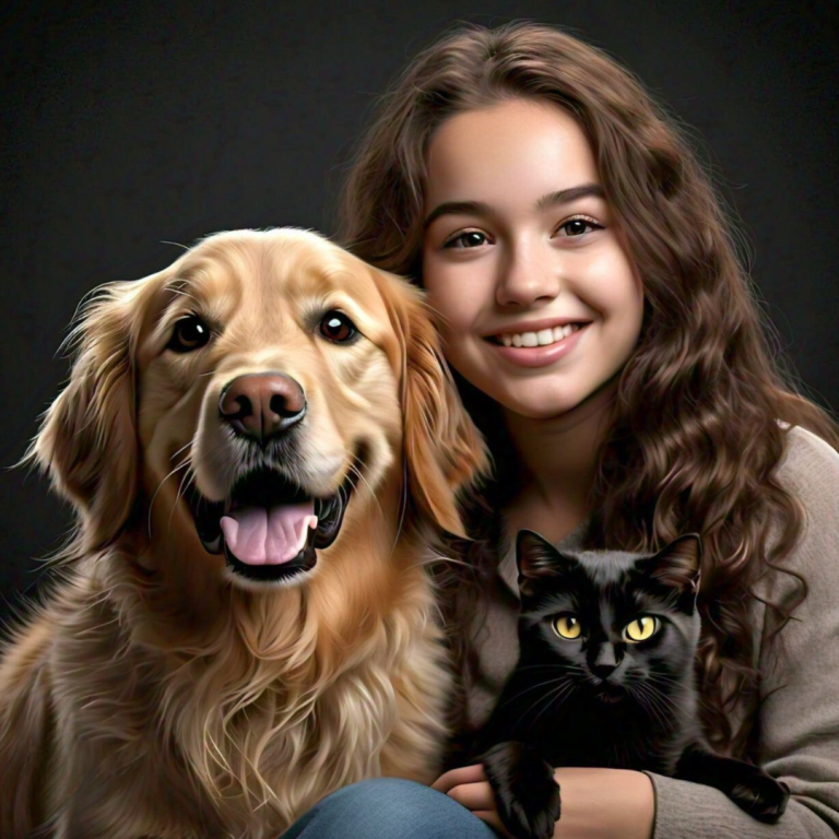 $!Una chica joven junto a un perro y un gato.