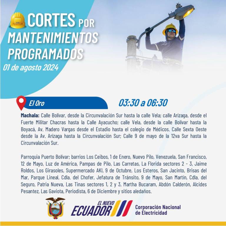 $!Cortes de luz para este 1 de agosto en seis provincias por trabajos de mantenimiento