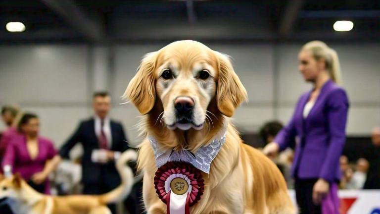 Perro en una exposición canina con su premio.