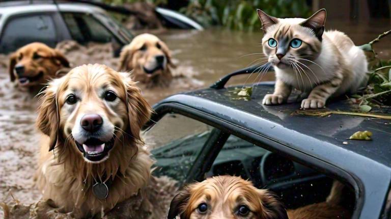 Unos perros y gato atrapados en una inundación.