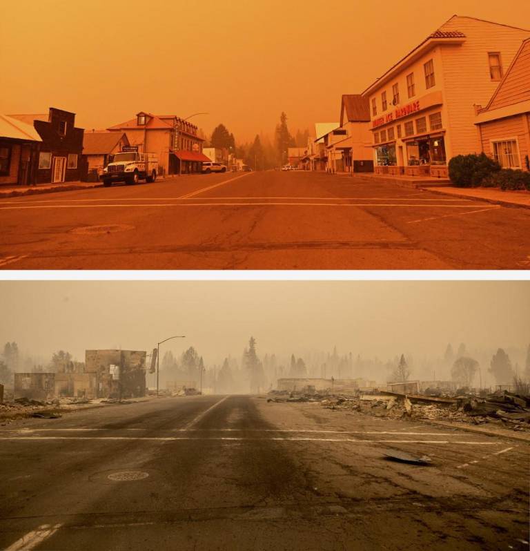 $!El antes y después del incendio que arrasó Greenville, en California.