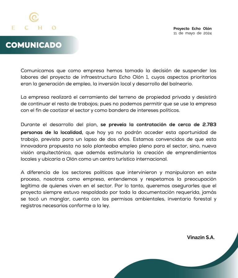 $!Comuneros de Olón rechazan documento de respaldo a proyecto inmobiliario; empresa Vinazin S.A. anuncia la suspensión de la obra