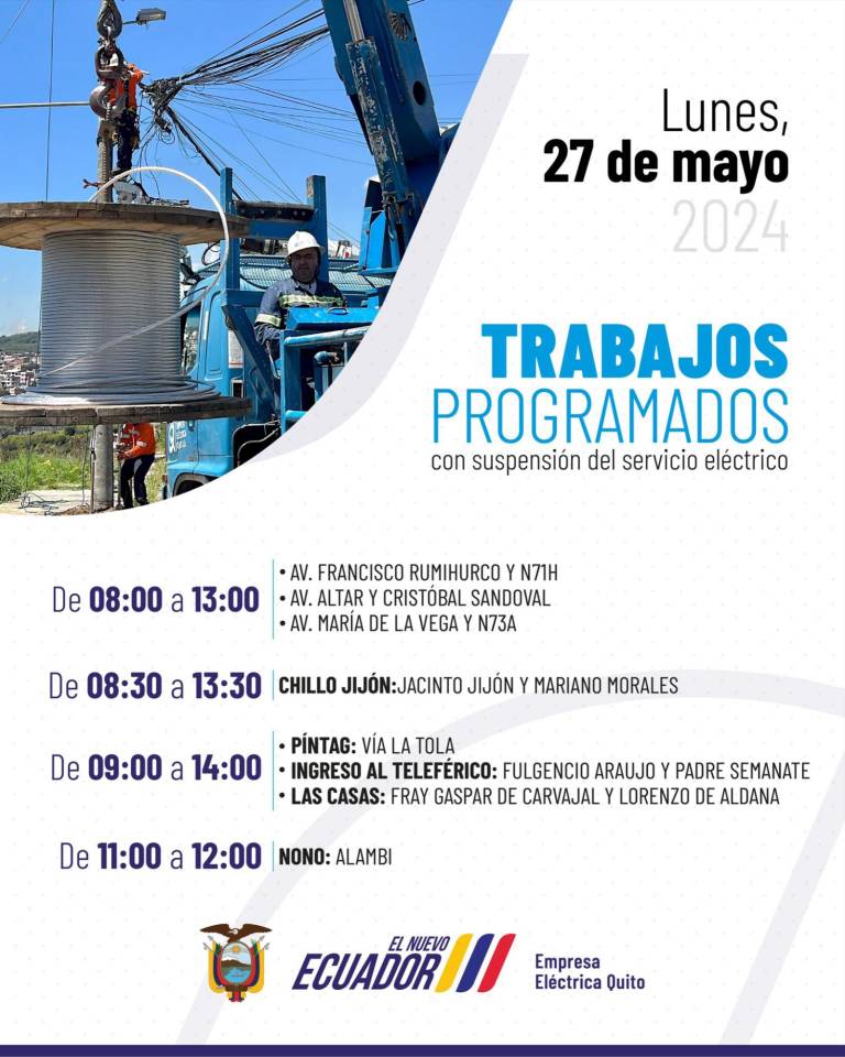 $!Quito también tendrá apagones este lunes 27 de mayo por trabajos programados