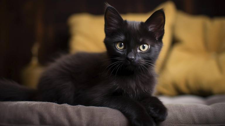 Un gato negro acostado en un sofá.