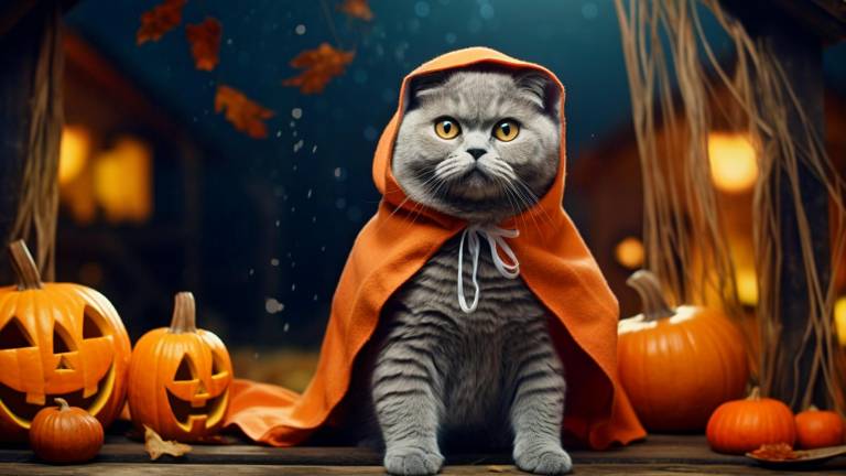 Un gato disfrazado con una capa naranja en Halloween.